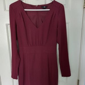 H&M Cranberry Red Long Sleeve V-Neck Dress Gold Zippers US Women's 6
